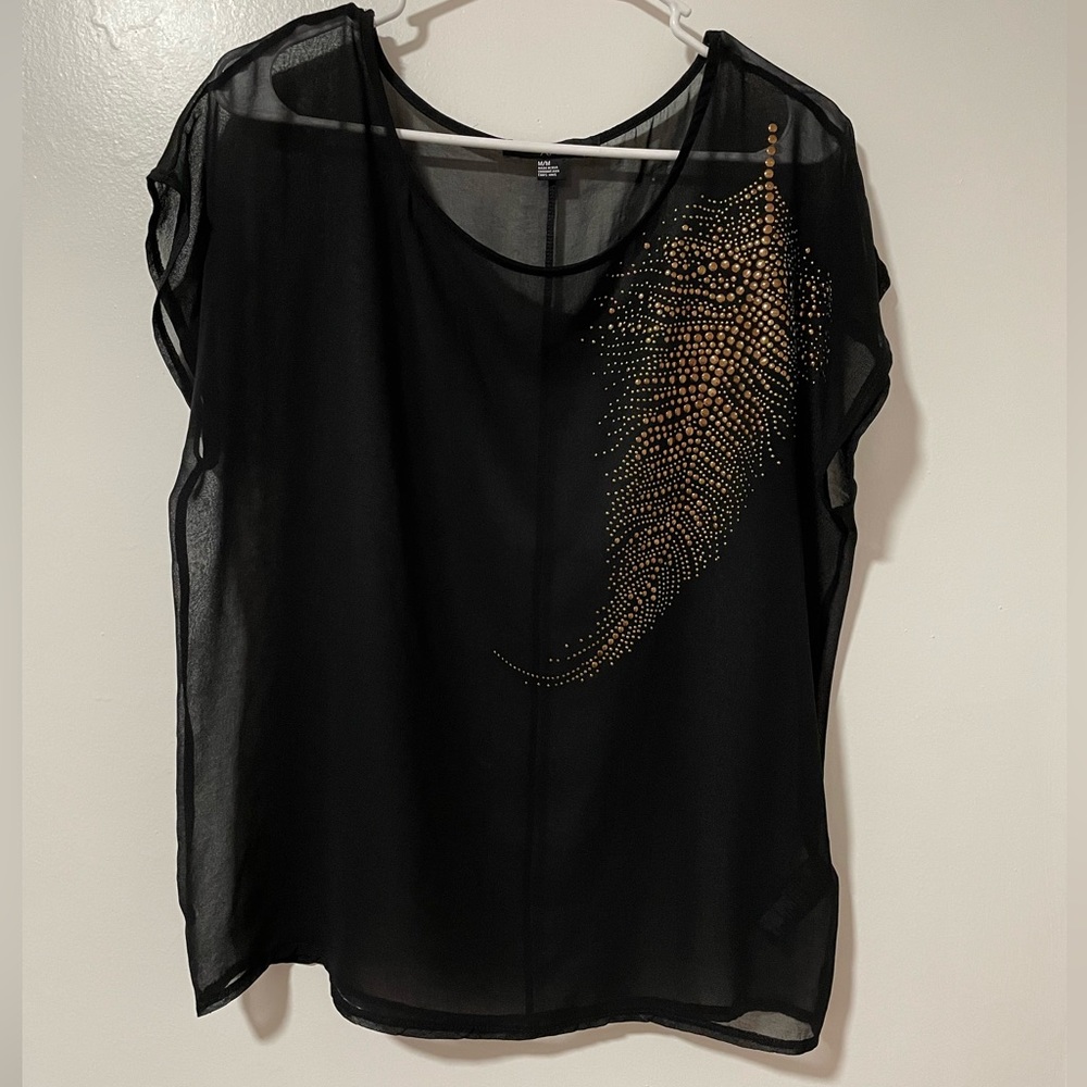 XXI Sheer Black Gold Leaf Pattern Top Sz M